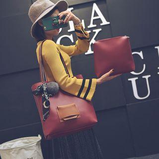 Set: Two Tone Faux Leather Tote + Pouch