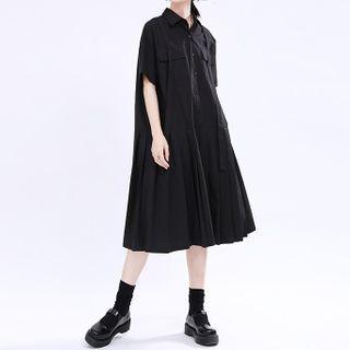 Short-sleeve Pleated Midi A-line Dress