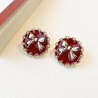 Bow Disc Sterling Silver Ear Stud 1 Pair - Silver Needle - Gold & Red - One Size