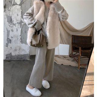 Plain Loose-fit Sweater / Furry Vest / Loose-fit Pants