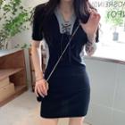 Short-sleeve Lace Up Mini Sheath Dress Black - One Size