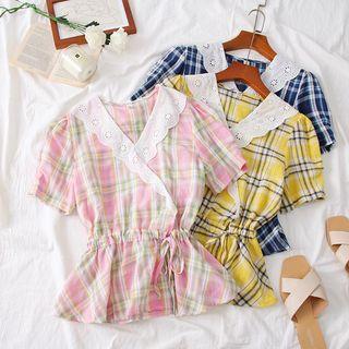 Lace-trim Tie-waist Plaid Blouse