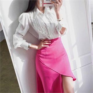 Puff-shoulder Lace-trim Satin Blouse