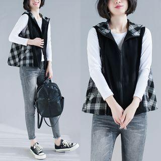 Plaid Panel Sweater Zip Vest
