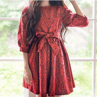 Lace 3/4-sleeve A-line Dress Red - S