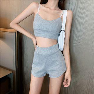 Plain Cropped Top + High-waist Plain Shorts