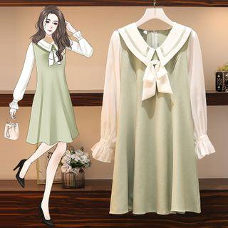 Flared-cuff Collared Bow A-line Dress