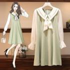 Flared-cuff Collared Bow A-line Dress