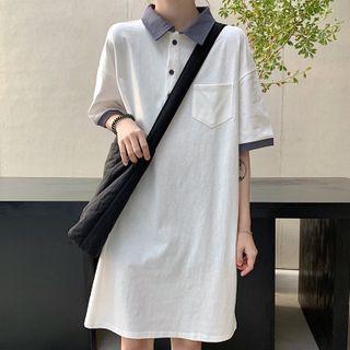 Elbow-sleeve A-line Polo Dress White - One Size