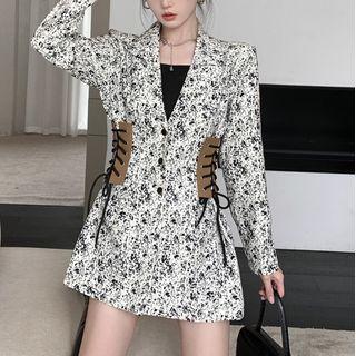 Flower Print Lace Up Blazer