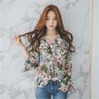 Bell-sleeve Floral-pattern Chiffon Blouse