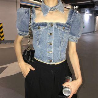 Short-sleeve Denim Blouse / Mini A-line Dress