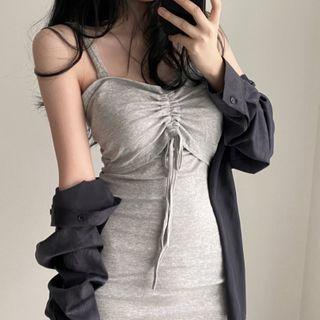 Plain Shirt / Spaghetti Strap Drawstring Mini Dress