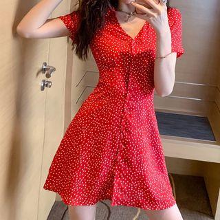 V-neck Short-sleeve Dotted Mini A-line Dress