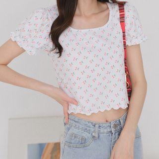 Square-neck Cherry-print Short-sleeve Tee
