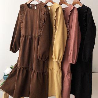 Ruffle Trim Long-sleeve Midi Shift Dress Premium Edition - Coffee - One Size