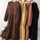 Ruffle Trim Long-sleeve Midi Shift Dress Premium Edition - Coffee - One Size