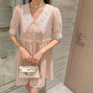 Set: Puff-sleeve Lace Panel Floral Dress + Spaghetti-strap Plain Dress