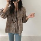 Puff-sleeve Plaid Button-up Blouse