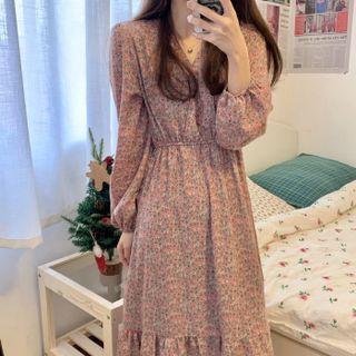 V-neck Floral Midi A-line Dress Floral - Pink - One Size