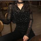 Set: Long-sleeve Star Sequined Mesh Top + Camisole Set - Black - One Size