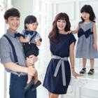 Family Matching Plaid Short-sleeve Shirt With Tie / Suspender Shorts / Bow Accent Short-sleeve Sheath Dress / Sleeveless Dress