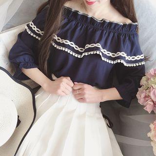 Ruffle Trim Off Shoulder Elbow Sleeve Top