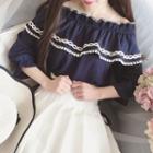 Ruffle Trim Off Shoulder Elbow Sleeve Top