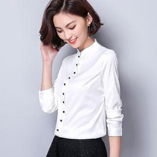Long-sleeve Stand Collar Plain Blouse