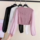 Chiffon Panel Cropped Long-sleeve Knit Top