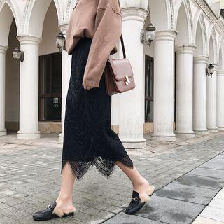 Lace Paneled Knit Midi Skirt
