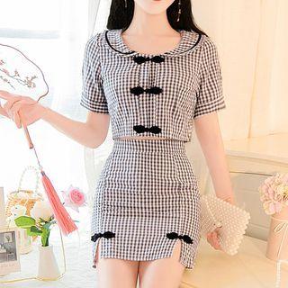 Set: Plaid Short-sleeve Top + Skirt