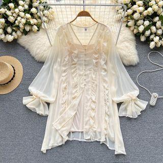 Set Of 2 : Bubble Long-sleeve V-neck Ruffle Chiffon Dress + Camisole Top Skirt