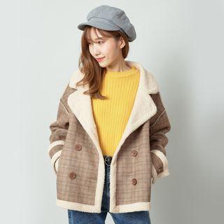 Fleece-lined Plaid Biker Jacket Khaki - One Size
