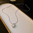 Heart Faux Pearl Pendant Alloy Necklace 1pc - Silver & White - One Size