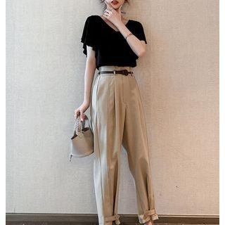 Short-sleeve Plain T-shirt / High-waist Plain Pants