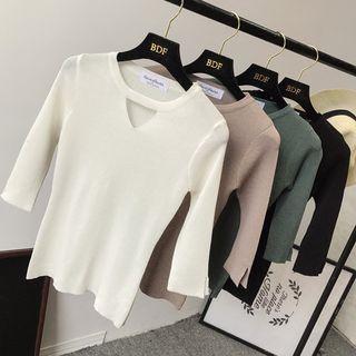 Keyhole Neck Elbow-sleeve Knit Top