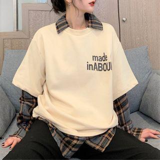 Mock Two-piece Long-sleeve Plaid Polo Shirt