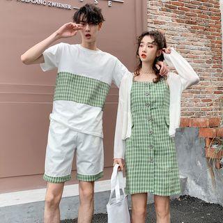 Couple Matching Spaghetti Strap Plaid Sheath Dress / Cardigan / Short-sleeve T-shirt / Shorts
