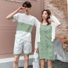 Couple Matching Spaghetti Strap Plaid Sheath Dress / Cardigan / Short-sleeve T-shirt / Shorts