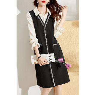 Mock-neck Piece Long-sleeve A-line Shirt Dress