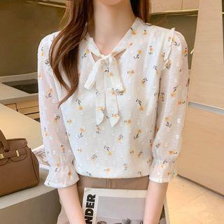 3/4-sleeve Floral Tie-neck Blouse