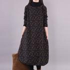 Long-sleeve Mock-neck Floral Print Midi A-line Dress
