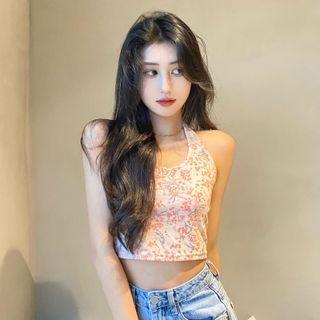 Halter Floral Print Camisole Top Pink - One Size
