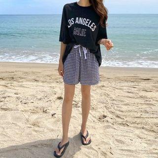 Set: Letter Print T-shirt + Check Sweat Shorts