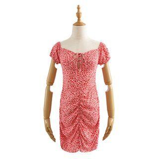 Short-sleeve Floral Print Shirred Mini Sheath Dress