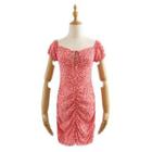 Short-sleeve Floral Print Shirred Mini Sheath Dress