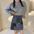 Long-sleeve Cropped Sweatshirt / Panel A-line Mini Skirt