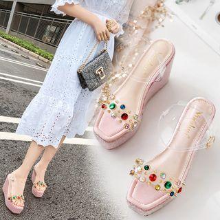 Rhinestone Clear Strap Sequined Wedge Heel Sandals