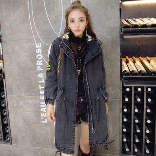 Applique Zip Hooded Denim Coat